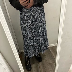 Floral Boho Tiered Navy Blue and White Printed Rayon Midi Skirt
